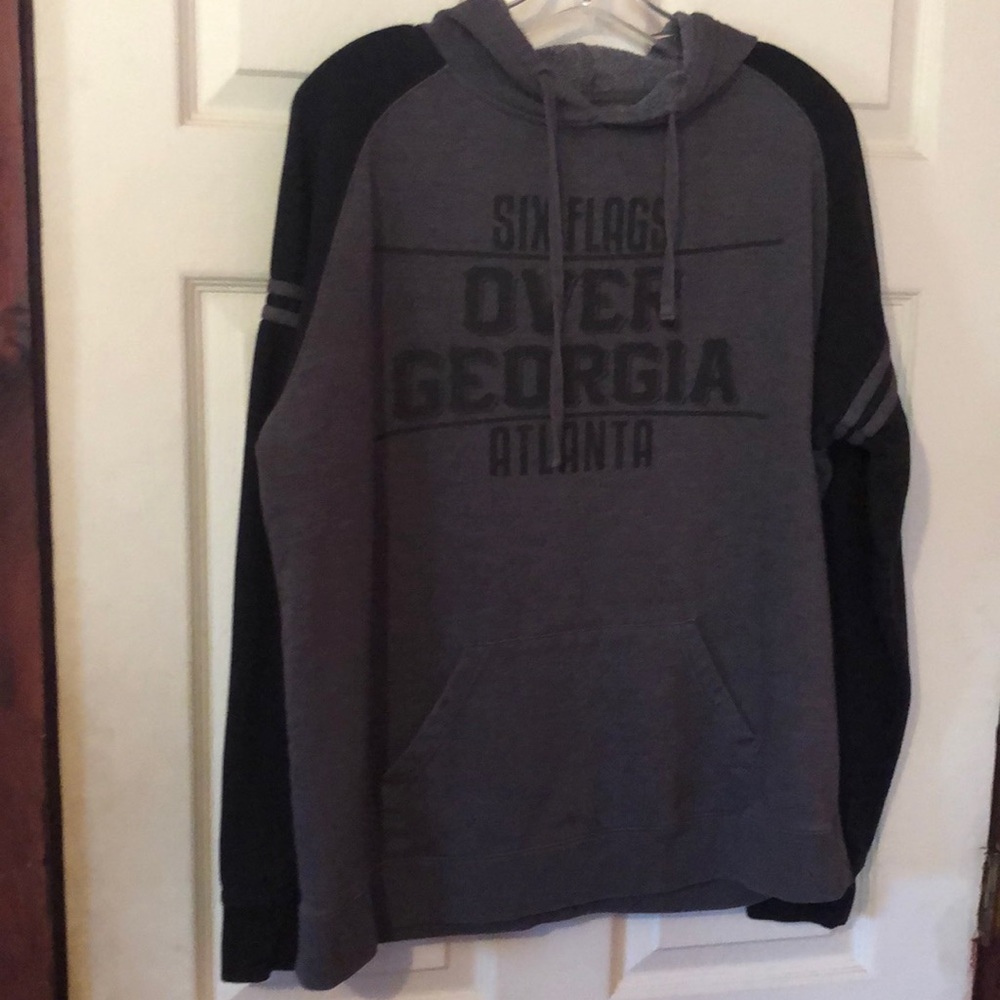Six Flags Over Georgia Atlanta Gray & Black Sweatshirt Hoodie Mens Large L